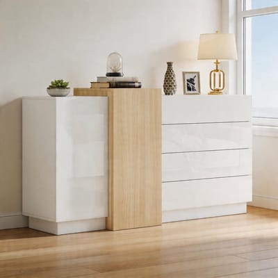 KOMHTOM - Wit hoogglans dressoir - moderne eetkamerkast met opbergruimte - minimalistische houtkleurige moderne opbergkast