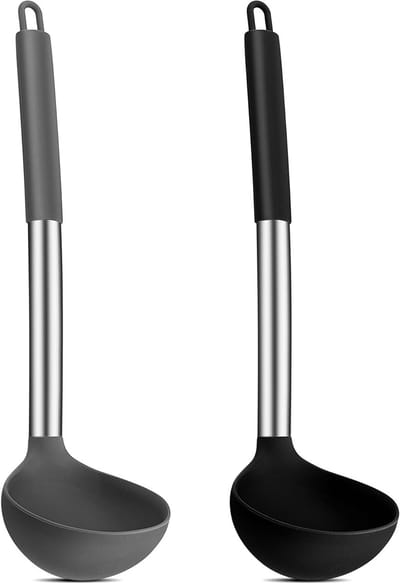 Siliconen Soeplepel Set van 2 Stuks, Hittebestendig met RVS Handvat, Ideaal voor Koken, Roeren en Serveren, Gezond en Antiaanbak - 30 cm Groot in Zwart en Grijs