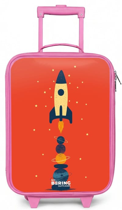 NoBoringSuitcases.com® - Kinderkoffer roze - Kindertrolley meisje - Raket - Sterren - Planeten - Koffer kind lichtgewicht - Reiskoffer trolley voor kinderen - Koffertje met lichtgevende wieltjes - Rolkoffer