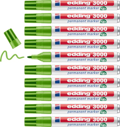 edding 3000 permanent marker - licht-groen - 10 stiften - ronde punt 1,5-3 mm - sneldrogende permanent marker - water- en wrijfvast - voor karton, kunststof, hout, metaal - universele marker