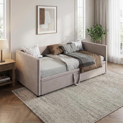 Slaapbank met Uittrekbed 90/180x200 cm - Gestoffeerd Dagbed met Lattenbodem en Rugleuning - Uitschuifbaar 1-2 Persoons Gastenbed Fluweel Grijs - Vermissen