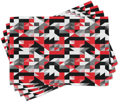 ABAKUHAUS Rood- en zwart placemats – abstracte geometrische halve driehoeken en labyrint-geïnspireerd patroon; gemaakt van kleurvast stof voor de eethoek en keuken; antracietgrijs en wit.