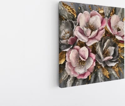 Saammp Canvas Schilderij - Abstracte Bloemen met Goud - Roze en Grijs - 20x20 - Foto op canvas - Wanddecoratie - Muurdecoratie Woonkamer - Kantoor Decoratie
