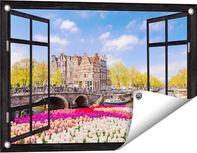 Gards Tuinposter Doorkijk Amsterdamse Huisjes aan de Grachten - 60x40 cm - Tuindoek - Tuindecoratie - Wanddecoratie buiten - Tuinschilderij