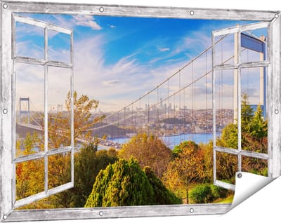 Gards Tuinposter Doorkijk Bosphorus Brug in Instanbul - 120x80 cm - Tuindoek - Tuindecoratie - Wanddecoratie buiten - Tuinschilderij