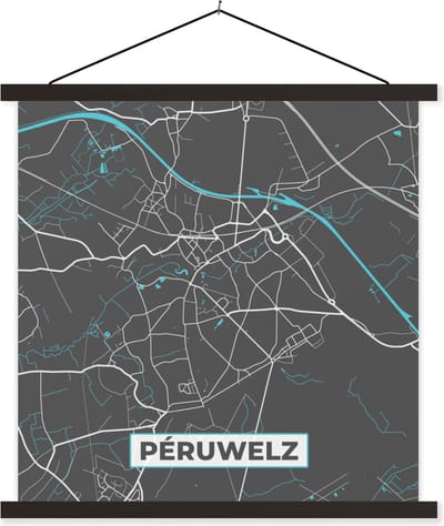Posterhanger incl. Poster 60x60 cm - Schoolplaat - Stadskaart – Grijs - Kaart – Péruwelz – België – Plattegrond - Textielposter - Zwarte latten - Stadskaart