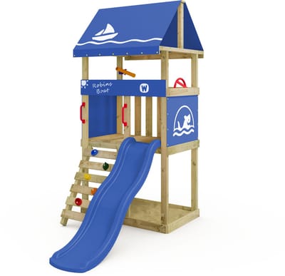 Wickey DinkyHouse Speeltoestel - Houten Klimrek Buiten met Glijbaan en Zandbak - Compact Speeltoestel voor de Tuin - Inclusief Krijtbord en Klimstenen – 303x317x247 cm - Blauw