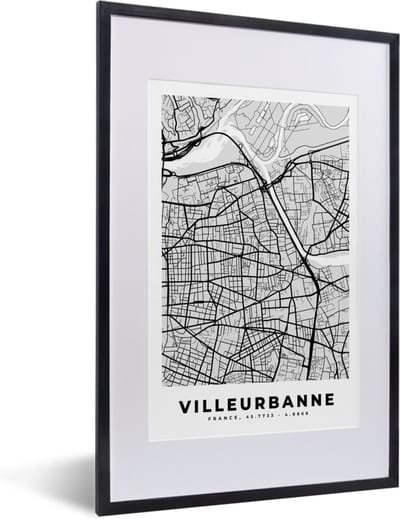 Fotolijst incl. Poster - Frankrijk - Villeurbanne - Stadskaart - Plattegrond - Kaart - 40x60 cm - Posterlijst