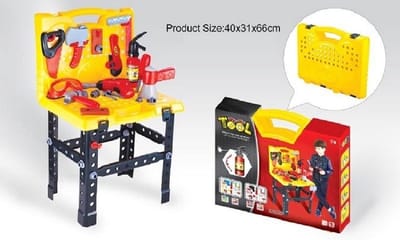 Uitgebreide speelgoed werkbank inclusief gereedschap - 2in1 in meeneemkoffer - werkbak - brandblusser - gereedschap