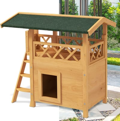 Kattenhuis - Voor buiten - Hok - Kooi - Bench - Ren - 2 verdiepingen - duurzaam - Bruin