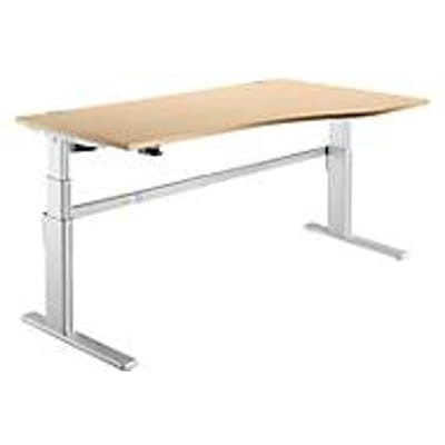 Comfortabel bureau, elektrisch in hoogte verstelbaar, vrije vorm, bevestiging rechts, C-voet, B 1800 x D 1000/800 x H 655-1305 mm, ahorn/blank aluminium