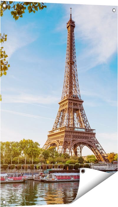 Gards Tuinposter Eiffeltoren in Parijs aan het Water - 60x90 cm - Tuindoek - Tuindecoratie - Wanddecoratie buiten - Tuinschilderij