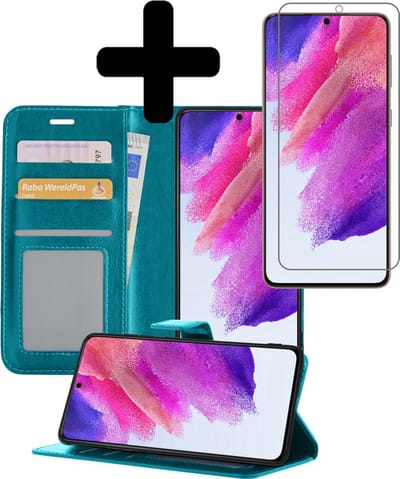 Hoesje - Met Screenprotector - Geschikt voor Samsung Galaxy S21 FE - Luxe Pasjeshouder - Bookcase Portemonee - Flip Case - Kunstleer Book Case - Flipcase - Book Cover - Walletcase - Portemonneehoes - Telefoonhoesjes - Turquoise