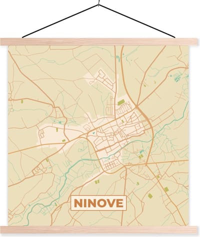 Posterhanger incl. Poster 40x40 cm - Schoolplaat - Ninove - Kaart - België - Stadskaart - Plattegrond - Textielposter - Blanke latten - Stadskaart