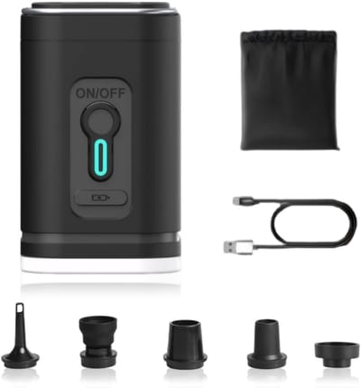 QTTVBTNA -Elektrische Mini Luchtpomp met LED Campinglamp – Draagbare Oplaadbare Pomp met 5 Mondstukken & USB-C, tot 18 Min Gebruiksduur, Ideaal voor Luchtmatras, Zwemband, Vakuümzak en Kamperen
