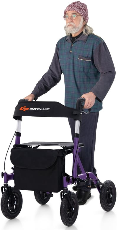 COSTWAY Rollator met luchtbanden, opvouwbaar en lichtgewicht met zitting, aluminium, tot 160 kg, 2 in 1 rolstoel & rollator, loophulp met 6 hoogte-instellingen, looprek met tas