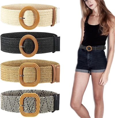 4 Stuks Stro Geweven Elastische Stretch Taille Riem voor Vrouwen en Meisjes, Gevlochten Strand Riem