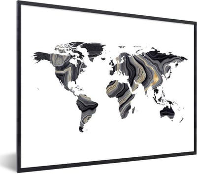 Poster in lijst - Fotolijst 80x60 cm - Posters - Wereldkaart - Goud - Lijn - Posterlijst zwart - Decoratie - Wanddecoratie woonkamer - Muurdecoratie slaapkamer