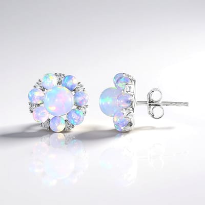 Cavill - 925 Sterling Zilver Oorbellen met 3,14 ct Welo Opal & 0,28 ct Zirkoon - Platina Plating - Elegante Ronde Kraalstijl