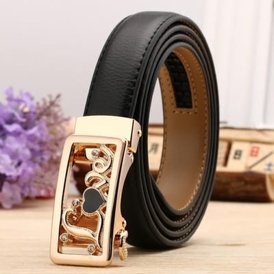 Dames Echte Leren Riem Casual en Veelzijdig Dubbelzijdig Twee Laags Rundleer Lychee Patroon Automatische Gesp Riem 100-125cm black