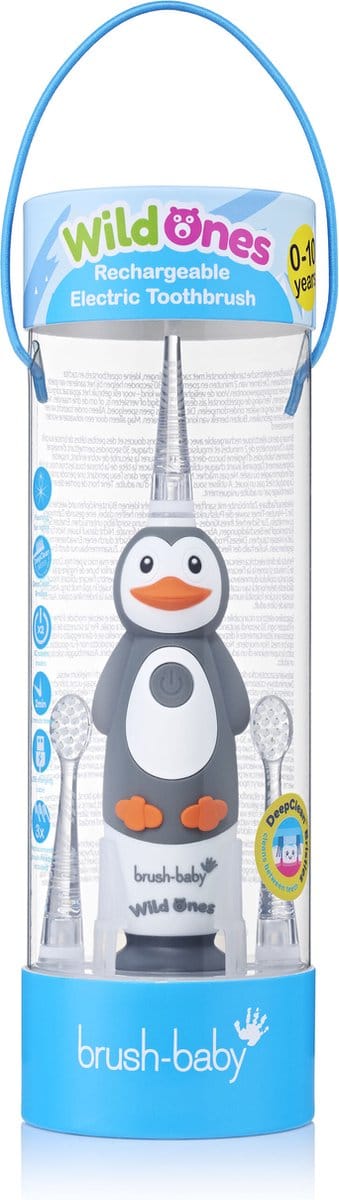 Brush-Baby Electrische Oplaadbare Kindertandenborstel Wildones Percy de Penguin 0-10 Jaar 3 opzetborstels 2 poetsstanden Timer&Pulse Disco licht Zuignapvoet