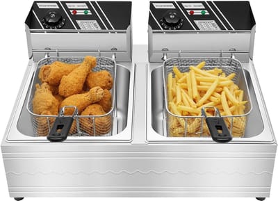 Dubbele Friteuse - Professionele Frituurpan - Grote porties Frituren - Instelbare Temperatuur - 2 x 6 Liter - Zilver