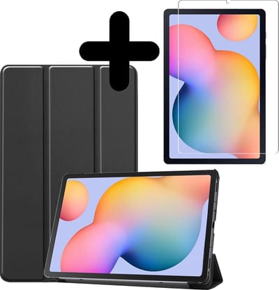 Hoesje - Geschikt voor Samsung Galaxy Tab S6 Lite - Met Screenprotector - Hardcover Book Case - Trifold Bookcase Hoes - Hard Cover - Tablethoes - Zwart