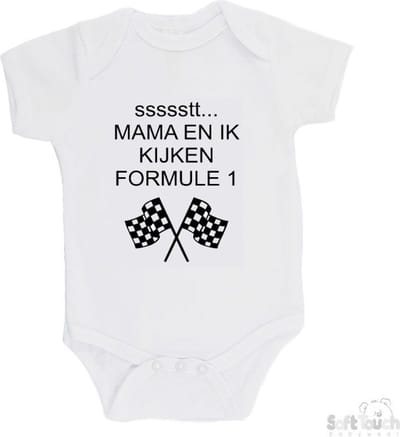 100% katoenen Romper "ssssstt Mama en ik kijken Formule 1" Unisex Katoen Wit/zwart Maat 62/68