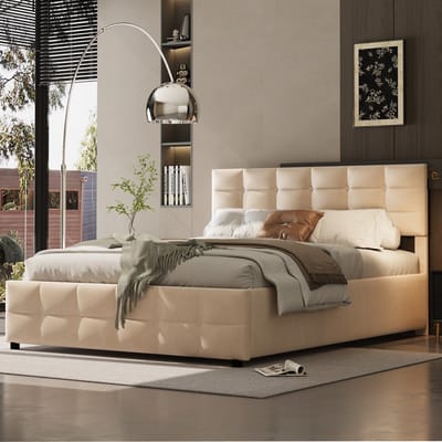 Wishdor – Gestoffeerd Opbergbed 180x200 cm – Hydraulische Opbergruimte – Fluweel Beige