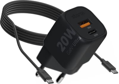 Xtorm 20W GAN2 Ultra Oplader usb c + 1 meter kabel (100W) - USB-C / USB-A Snellader - Power Delivery - Charger - GRS Gerecycled Plastic - Zwart