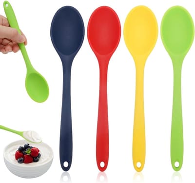Siliconen Lepelset van 4 Stuks, Hittebestendig en Voedselveilig, Ideaal voor Koken, Bakken en Roeren, 21 cm, Geel, Groen, Rood