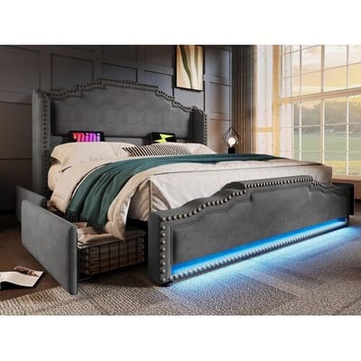 ModernLuxe Gestoffeerd tweepersoonsbed 140x200 cm – met 4 lades – met LED-verlichting en oplaadpoorten – Grijs