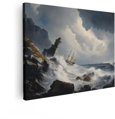 Artaza Canvas Schilderij Stormachtige Zee - 40x30 cm - Wanddecoratie Zeilschip - Muurdecoratie Rotskust - Decoratie Landschap - Kamer Accessoires
