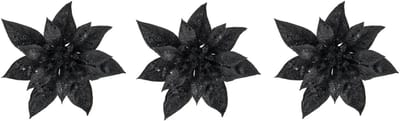 Cosy & Trendy Decoratie bloem - 3x stuks - kerstster - op clip - zwart - glitter -15 cm - kunststof - kerstversiering
