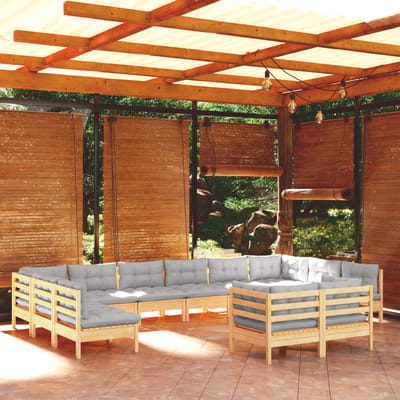 vidaXL - 12-delige - Loungeset - met - grijze - kussens - massief - grenenhout