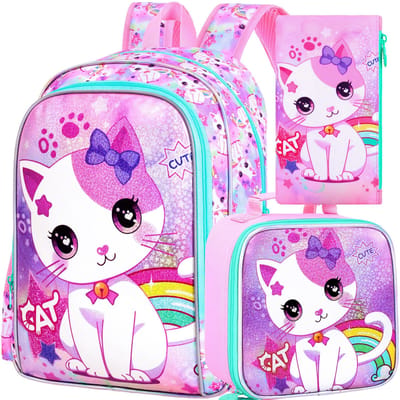 3 STUKS Rugzakken voor Meisjes Schattige Reflecterende Kat Boekentas voor Basisschool, Kinderen Waterbestendige Rugzak Set met Lunchbox