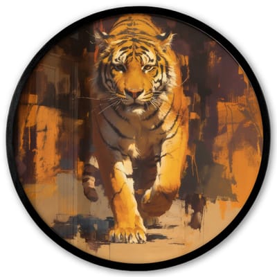 Poster in lijst Rond - Fotolijst 40x40 cm - Posters - Tijger - Geschilderd - Oranje - Penseelstreken - Ronde posterlijst zwart - Decoratie - Wanddecoratie woonkamer - Muurdecoratie slaapkamer
