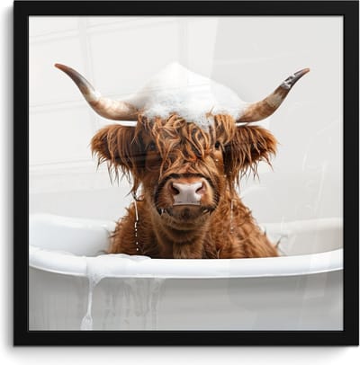 Poster in lijst - Fotolijst 40x40 cm - Posters - Schotse Hooglander - Bad - Koe - Dieren - Schuim - Posterlijst zwart - Wanddecoratie badkamer - Muurdecoratie WC - Decoratieve accessoires - Toilet muur decoratie