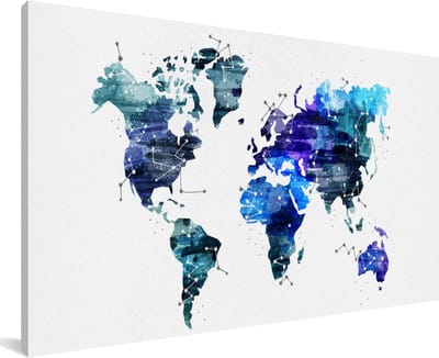 Grote wanddecoratie - Wereldkaart Blauw Sterren Hemel canvas - 200x100 cm - XXL decoratie