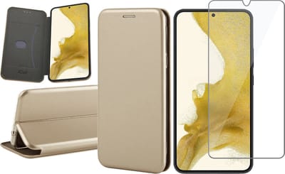 Hoesje geschikt voor Samsung Galaxy S22 Plus - Book Case Kunstlederen Wallet Cover Minimalistisch Pasjeshouder Hoes Goud - Tempered Glass Screenprotector