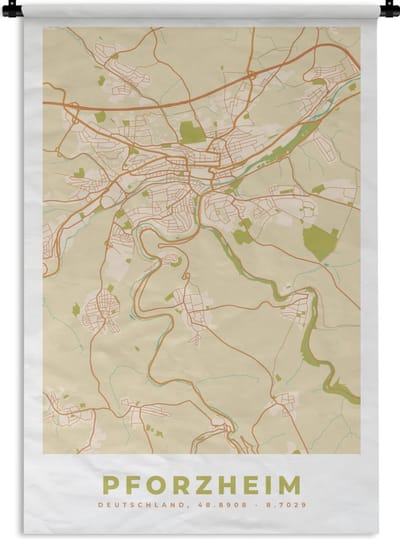 Wandkleed - Wanddoek - Pforzheim - Plattegrond - Vintage - Stadskaart - Kaart - 120x180 cm - Wandtapijt