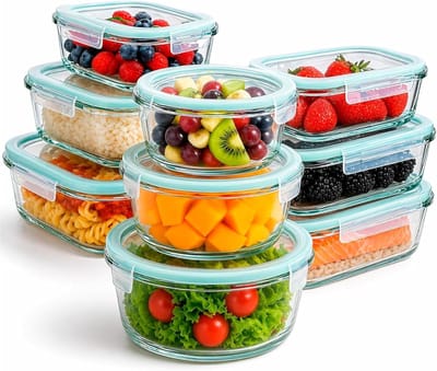 Famanu - Glass container food, 18 stuks (9 potjes + 9 deksels), luchtdichte voedseltaper, levensmiddelen, vaatwasmachinebestendig, bpa-vrij (9 containers)