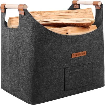 Brandhout Mand - Vilten Tas - Haardhout Opslag - Extra Dik Vilt - 45 x 32 x 40 cm - Zwart