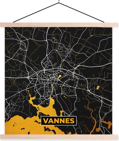 Posterhanger incl. Poster 40x40 cm - Schoolplaat - Frankrijk – Plattegrond – Kaart – Vannes – Stadskaart - Textielposter - Blanke latten - Stadskaart