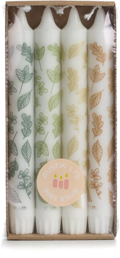Rustik Lys Stearine dinerkaarsen met bladeren print in 4 kleuren set van 4 Ø 2,2 x 19 cm