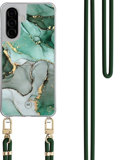 Hoesje met koord geschikt voor Samsung Galaxy A26 - Marble Design - Inclusief Groen koord - Crossbody beschermhoes - Transparant, Grijs, Groen - Mooie Telefoonhoesjes