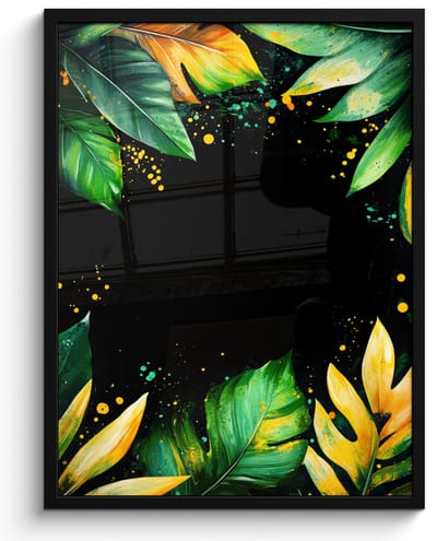 Poster in lijst - Fotolijst 50x70 cm - Posters - Bladeren - Groen - Geel - Verf - Jungle - Posterlijst zwart - Decoratie - Wanddecoratie woonkamer - Muurdecoratie slaapkamer