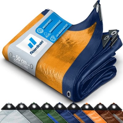 FLOORDIREKT Dekzeil - Stoffen Dekzeil - Beschermhoes - Bootzeil - Tentonderzeil voor Camping & Outdoor - Waterdicht - Met Zeilogen - 140 g/m² - Blauw - 4 x 6 m