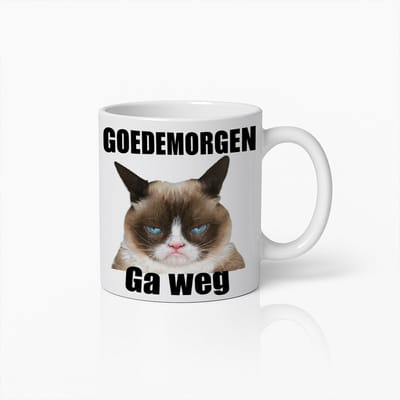 Grappige Chagrijnige Kat Mok – Koffiebeker met 'Goedemorgen Ga Weg' Tekst – Leuk Cadeau voor Kattenliefhebbers