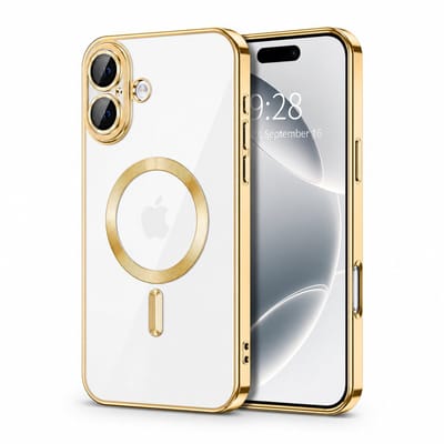 Compatible iPhone 17 Hoesje Goud – TG TECHGRIP – MagSafe Compatible Case – Transparant met Gouden Rand – Ingebouwde Camera Glas Protector – 360° Bescherming – Anti-Fingerprint – Luxe Design